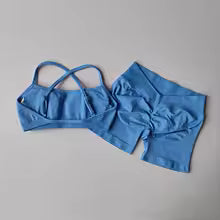 2PCS Women's High Waist Seamless Yoga Gym Set Sports Bra Top with Scrunch Shorts Fitness Workout Sportswear
