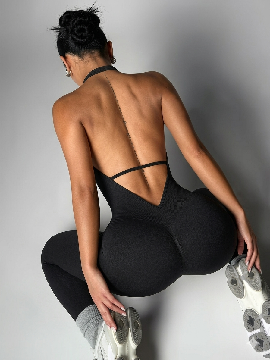 Women's solid color vest style seamless elastic sports jumpsuit with pocket design