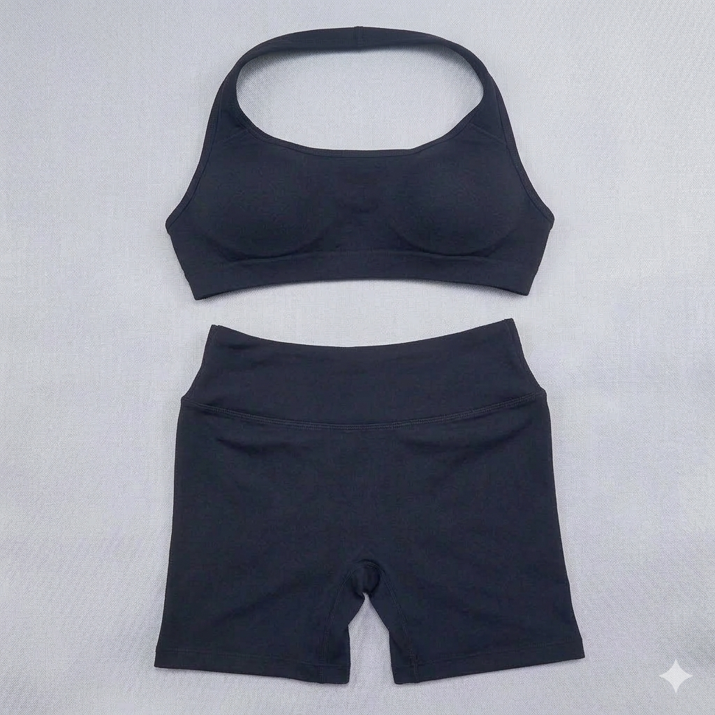 Shorts Set 2 Pieces Seamless Yoga Set Workout Tracksuit Women Halter Sport Bra And Low Waist Scrunch Bum Gym Shorts Suits