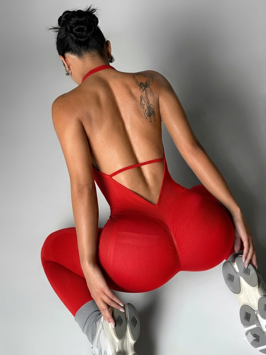 Women's solid color vest style seamless elastic sports jumpsuit with pocket design