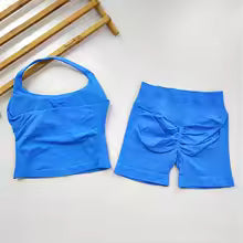 Yoga 2 Pieces Gym Set Women Backless Halter Tops High Waist Seamless Shorts Gym Suit Fitness Sports Bras Sportswear Workout Sets