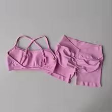 2PCS Women's High Waist Seamless Yoga Gym Set Sports Bra Top with Scrunch Shorts Fitness Workout Sportswear